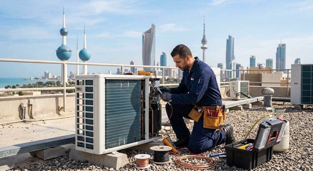 فني تكييف محترف يقوم بفحص وصيانة المكيفات بدقة وأمان ضمن خدمات صيانة مكيفات حي النرجس لضمان هواء نقي وكفاءة تبريد عالية لراحة العملاء.