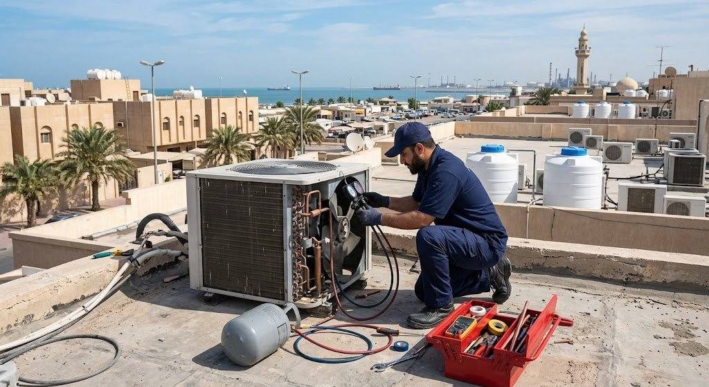 فني محترف يقوم بفحص وتنظيف وصيانة المكيف بدقة وإتقان باستخدام أحدث المعدات ضمن خدمات صيانة مكيفات حي الياسمين لضمان أعلى كفاءة للتبريد وراحة العملاء.