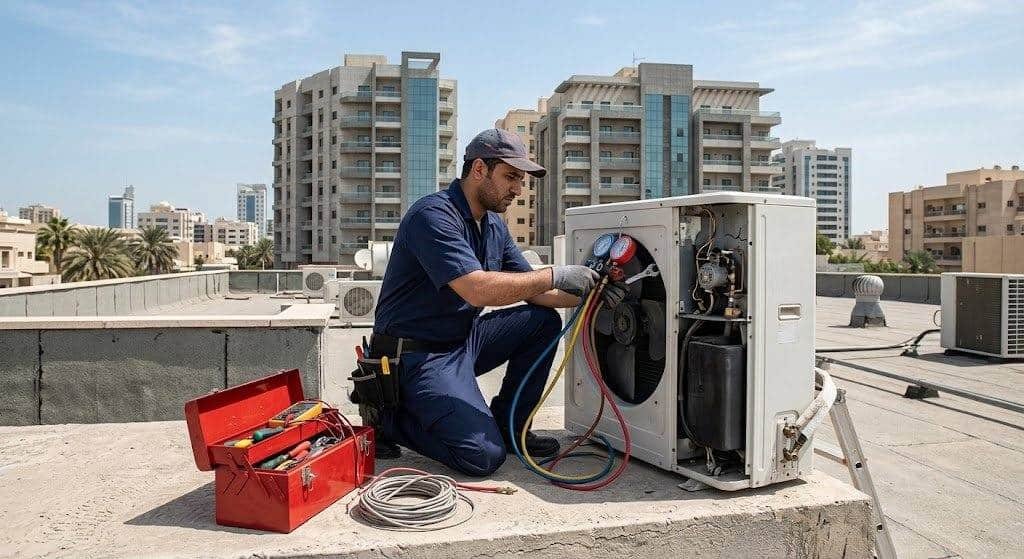 فني محترف يقوم بفحص وصيانة مكيف الهواء وتنظيفه بدقة وإتقان باستخدام أحدث المعدات ضمن خدمات صيانة مكيفات حي المرقب لضمان كفاءة التبريد وراحة العملاء.