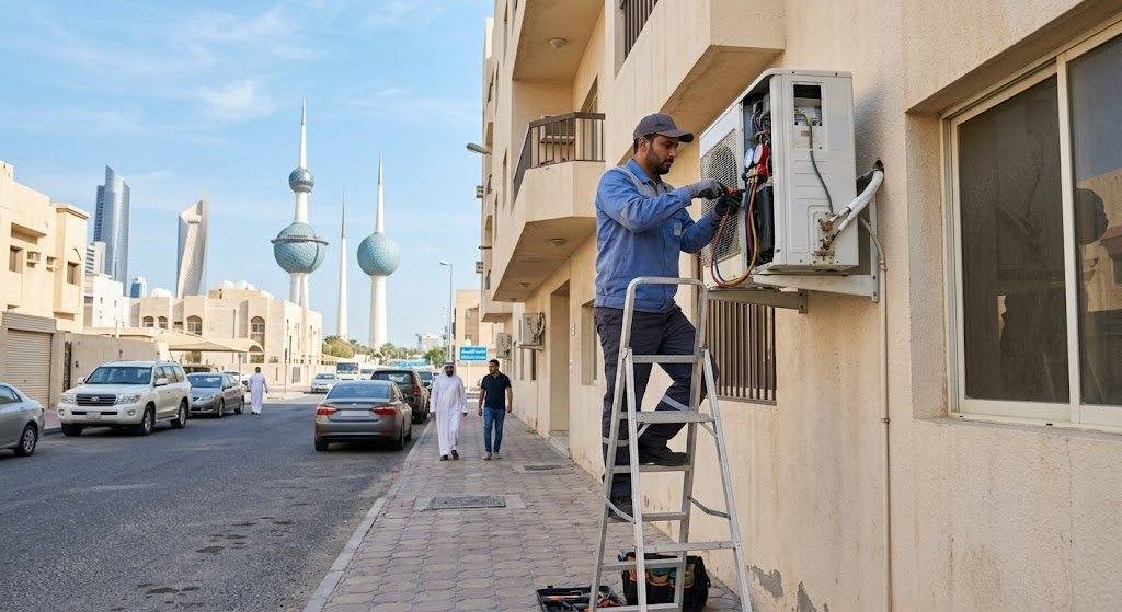 فريق عمل محترف يقوم بفحص وتنظيف وصيانة المكيفات بدقة وأمان باستخدام أحدث المعدات ضمن خدمات صيانة مكيفات حي الملز لضمان كفاءة التبريد العالية وراحة العملاء.