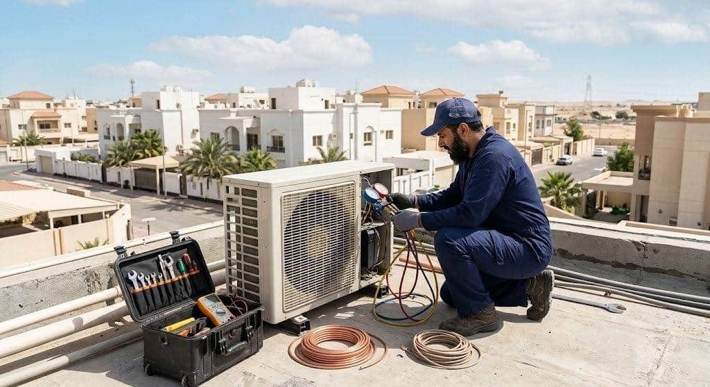 فني محترف يقوم بأعمال فحص وتنظيف وصيانة مكيفات الهواء بدقة وأمان باستخدام أحدث المعدات ضمن خدمات صيانة مكيفات حي قرطبة لضمان كفاءة التبريد وراحة العملاء.