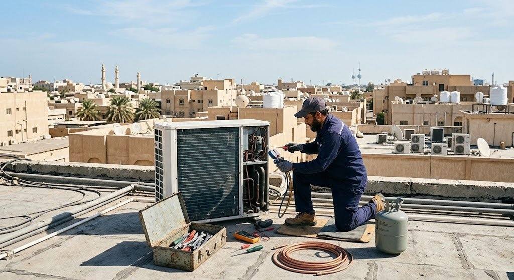 فني محترف يقوم بأعمال فحص وتنظيف وصيانة المكيفات بدقة وأمان باستخدام أحدث المعدات وقطع الغيار الأصلية ضمن خدمات صيانة مكيفات حي الملك فهد لضمان كفاءة التبريد وراحة العملاء.