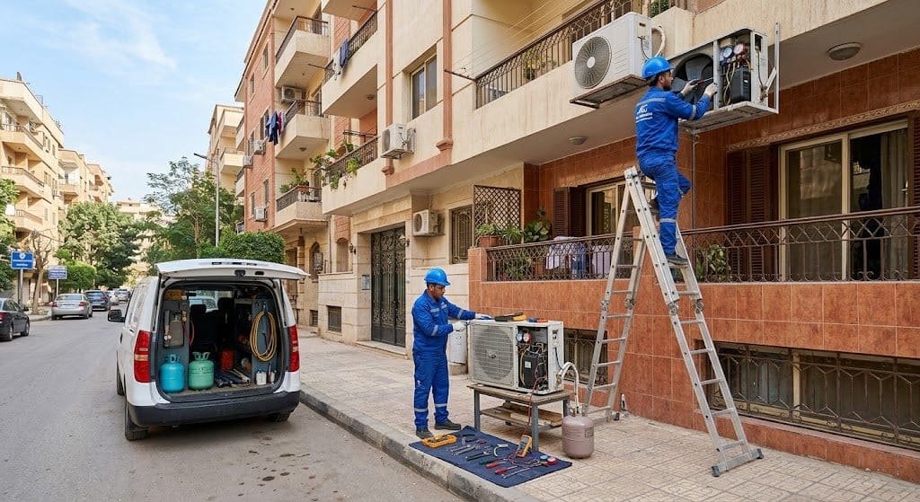 فني محترف يقوم بأعمال فحص وتنظيف وصيانة المكيفات بدقة وأمان باستخدام أحدث المعدات وقطع الغيار الأصلية ضمن خدمات صيانة مكيفات حي الجزيرة لضمان كفاءة التبريد وراحة العملاء.