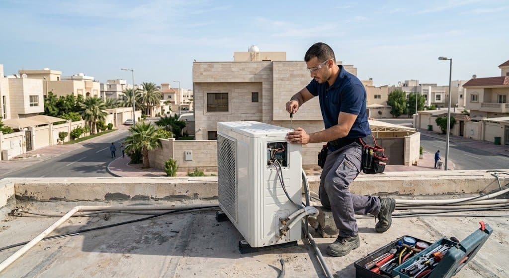 فني محترف يقوم بأعمال فحص وتنظيف وصيانة المكيفات بدقة وأمان باستخدام أحدث المعدات ضمن خدمات صيانة مكيفات حي الروضة لضمان كفاءة التبريد وراحة العملاء.