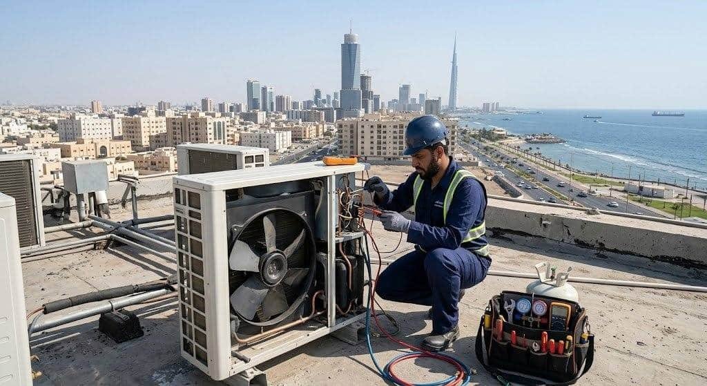 فني محترف يقوم بأعمال فحص وتنظيف وصيانة المكيفات بدقة وأمان باستخدام أحدث المعدات وقطع الغيار الأصلية ضمن خدمات صيانة مكيفات حي التعاون لضمان هواء نقي وتبريد مثالي وراحة العملاء.